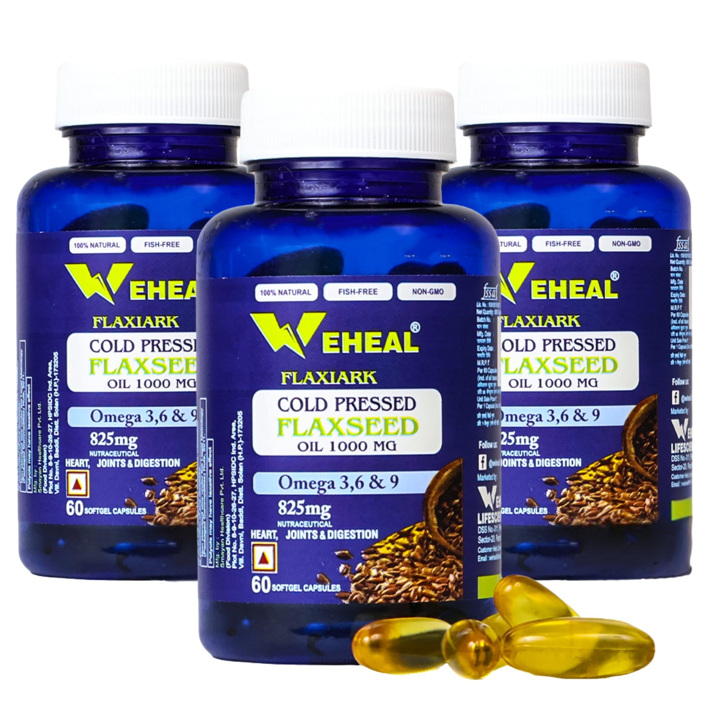 Weheal Cold Pressed Flaxseed Oil 1000mg | Omega 3, 6 & 9 for Heart, Joints & Digestion | 60 Softgel Capsules | Pack of 3 | Non-GMO & Fish-Free