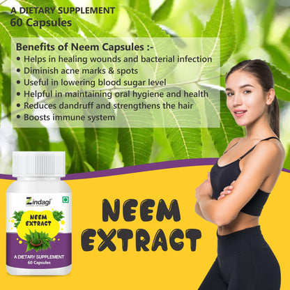 Zindagi 100% Pure Neem Extract Capsules - Dietary Supplement - Anti Bacterial Properties 60 Capsules (Pack of 3)