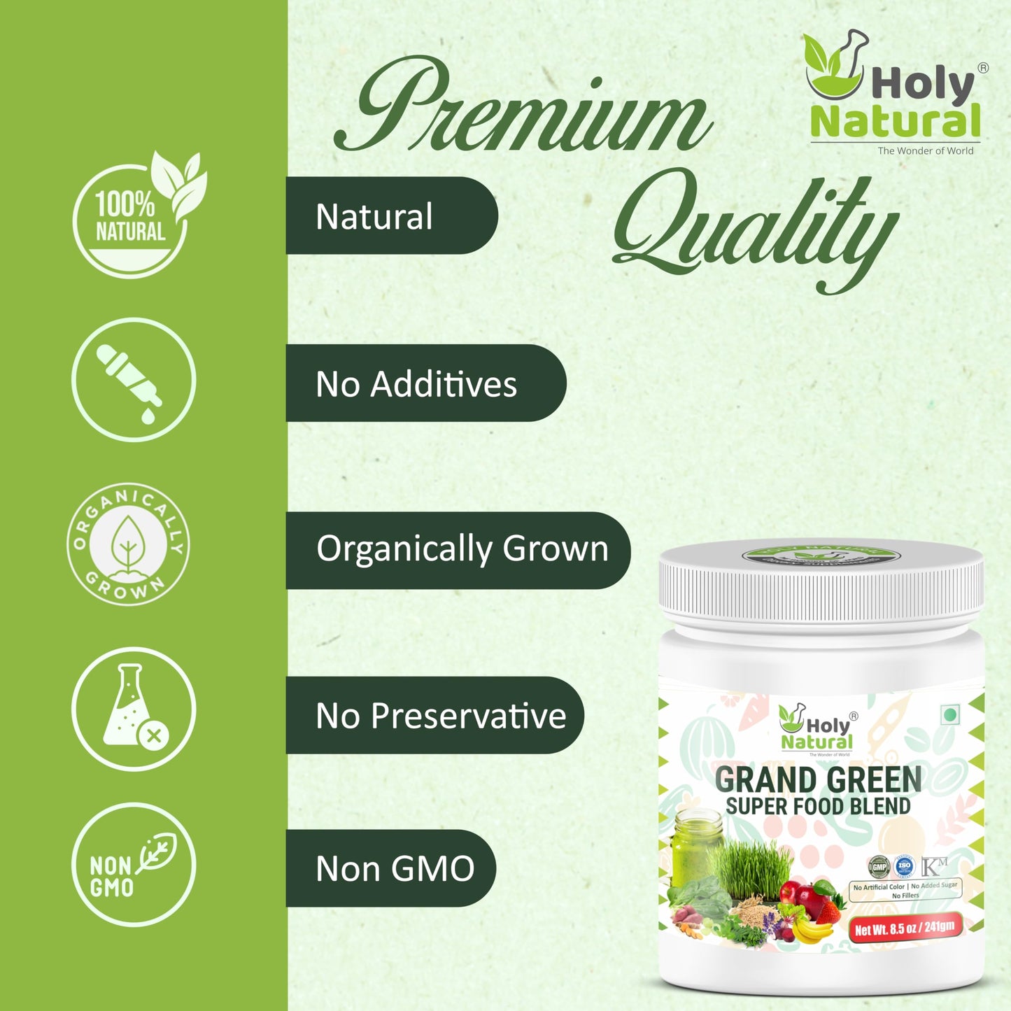 Grand Green Super Food Blend – 241 gm I 30 Serving I Rich in Vitamin C & E I Immunity & Energy Booster I Fat Burner I Supper Nutrients Blend of Herbal, Fruit & Vegetable