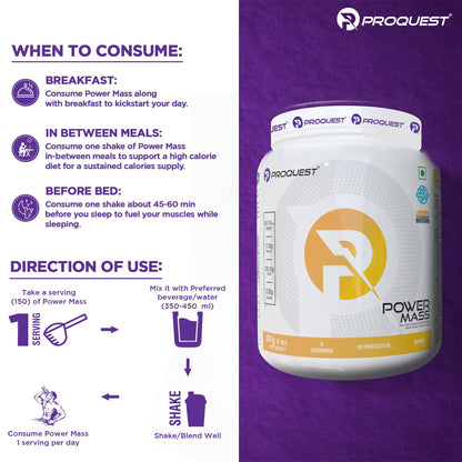 Proquest Power Mass Gainer Mango 907g + Creatine 250g + Free Shaker Combo | 557 kcal, 17g Protein, Digezyme® & Probiotics | Muscle Gain & Recovery Support