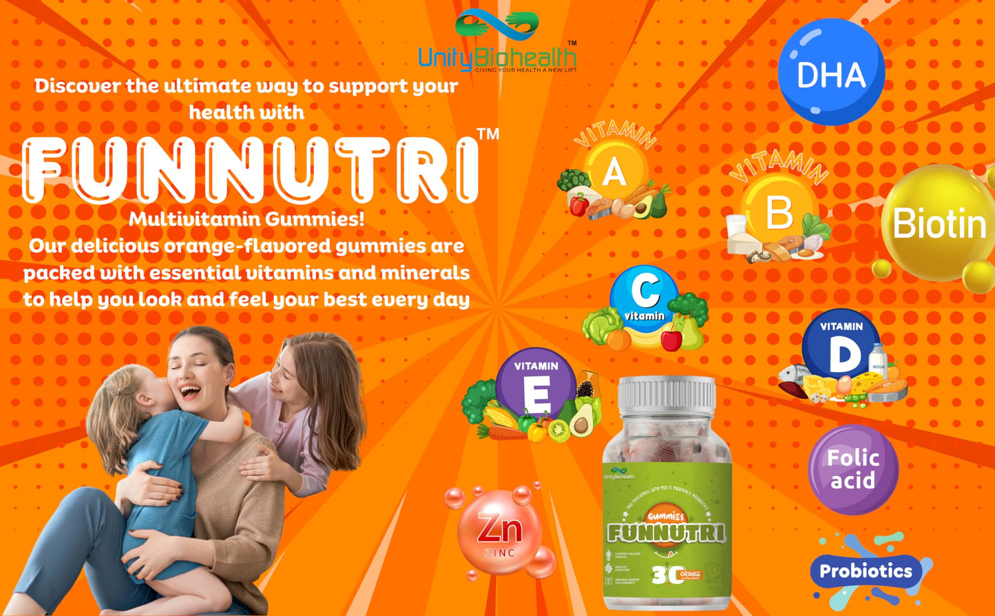 UNITY BIOHEALTH Funnutri Multivitamin Gummies for Kids Men & Women Supplement With Biotin, Essential Multi Vitamin For Healthy Growth, Development and immunity boosters for adults - 30 Gummy Bears