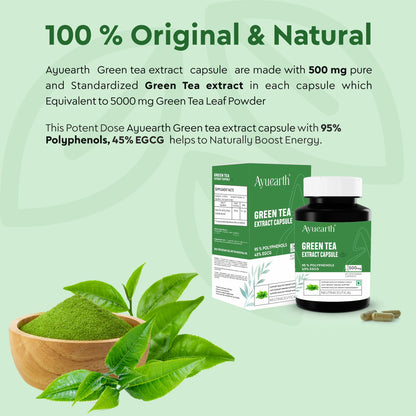 Ayuearth Green Tea Extract Capsule 500mg | 95% Plyphenols, 45% EGCG Extract | Camellia Sinessis | Anti Oxidant | 60 Veg Capsule