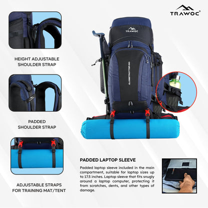 TRAWOC GLOBETROTTER 80 Liter (70+10) Internal Metal & Fiber Frame Rucksack Bag for Men & Women Trekking, Hiking Travel Backpack with Detachable Daypack, Rain Cover and Shoe Compartment, Navy Blue