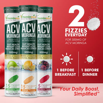 Vitaminnica ACV Moringa Effervescent Tablets | Controls Cravings, Supports Gut Health & Weight Management | Reduces Stress | Sugar Free Wellness Drink | Orange Flavour | 15 Tablets Each (Pack of 2)