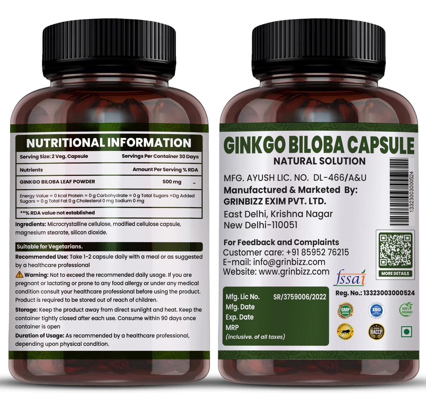 Grinbizz Ginkgo Biloba Capsules | Supports Memory, Focus & Brain Health | Improves Circulation & Mental Clarity | Antioxidant Herbal Supplement | 60 Capsules
