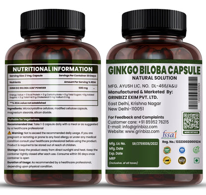 Grinbizz Ginkgo Biloba Capsules | Supports Memory, Focus & Brain Health | Improves Circulation & Mental Clarity | Antioxidant Herbal Supplement | 60 Capsules