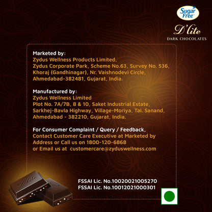 Sugar Free D'lite Dark Chocolate | Hazlenut & Almonds Dark Chocolate Bar | Pack Of 1 (80 Gram) | No Added Sugar | Keto Friendly & Vegan | Gluten Free | Guilt Free Extreme Delight With 50% Cocoa