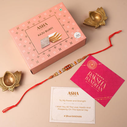 ASHA Sweets Rakhi Celebration Combo Pack with Kaju Katli (100gm), 1 Handmade Rakhi & Wish Card Set for Gifting to Brother & Sister |Premium Raksha Bandhan Festive Gift Box for Family & Friends