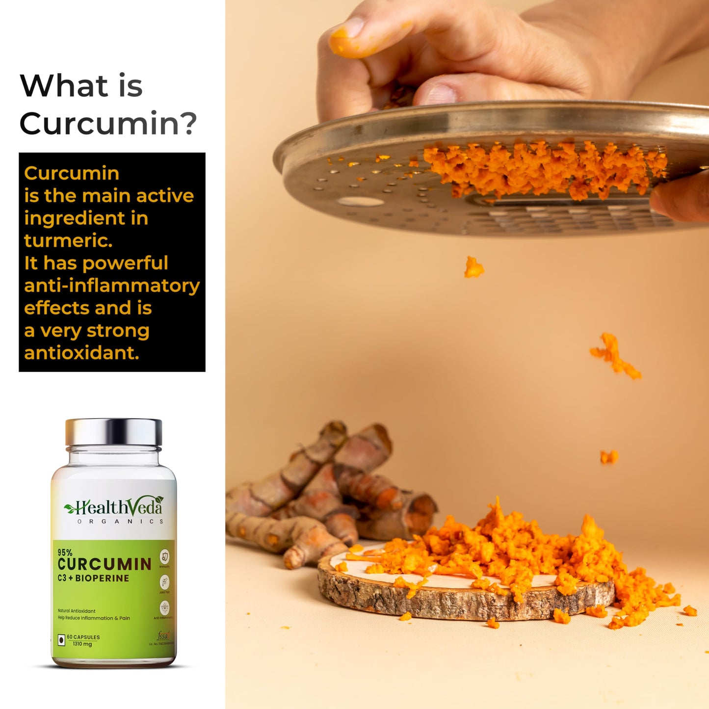 Health Veda Organics Curcumin C3 + Bioperine Supplements, 1310 Mg | 60 Veg Capsules | Supports Joint & Muscle Health | Better Absorption | Boost Immunity | For Men & Women