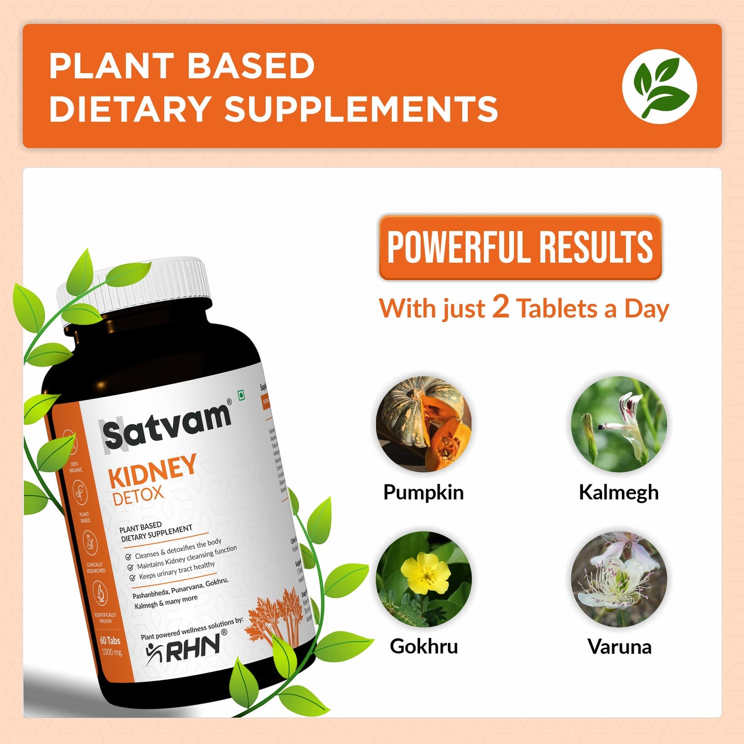 SATVAM Kidney Detox (60 Tablets) | Natural Herbal Supplement for Kidney Cleanse, Urinary Tract Support & Renal Health for Daily Wellness