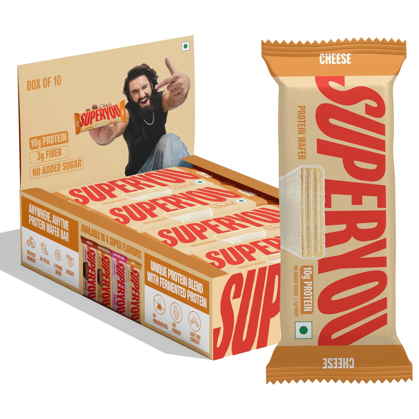 SuperYou Cheese Protein Wafer Bars (Pack of 10)|10g Protein, 3g Fiber, No Added