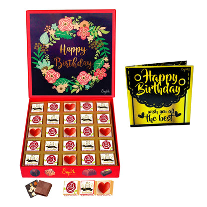 Expelite Birthday Flowers Theme Gift, 25 Pieces Chocolate Box With Birthday Greeting Card, Dry Fruits Almond, Cranberry, Paan, Butterscotch Flavour Chocolate Gift Pack
