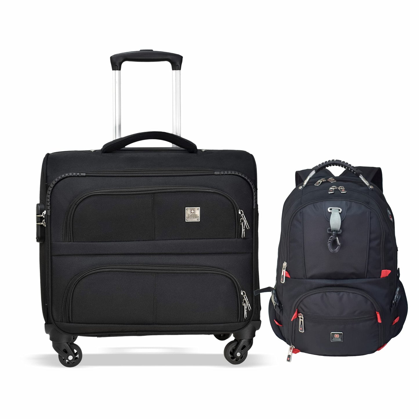 Swiss Military Combo of Luggage Bag, Soft-Sided Trolley Bag, Cabin Luggage, 3 Dial Lock, 43 cms, 32L, Black & Laptop Backpack with USB Charging Port, Travel Backpack for Men, 31L, Black & Red, 1