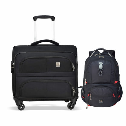 Swiss Military Combo of Luggage Bag, Soft-Sided Trolley Bag, Cabin Luggage, 3 Dial Lock, 43 cms, 32L, Black & Laptop Backpack with USB Charging Port, Travel Backpack for Men, 31L, Black & Red, 1