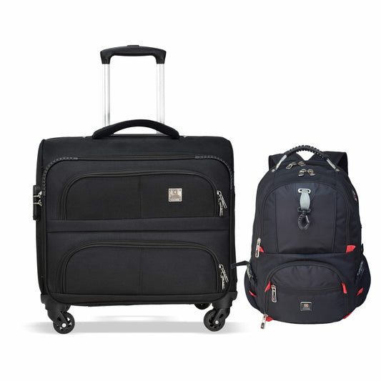 Swiss Military Combo of Luggage Bag, Soft-Sided Trolley Bag, Cabin Luggage, 3 Dial Lock, 43 cms, 32L, Black & Laptop Backpack with USB Charging Port, Travel Backpack for Men, 31L, Black & Red, 1