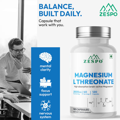 ZESPO Magnesium L-Threonate 2000mg Per Serving (144mg Elemental Magnesium) | 120 Vegetarian Capsules | Magnesium Supplement for Nerve & Muscle Function | 40 Servings