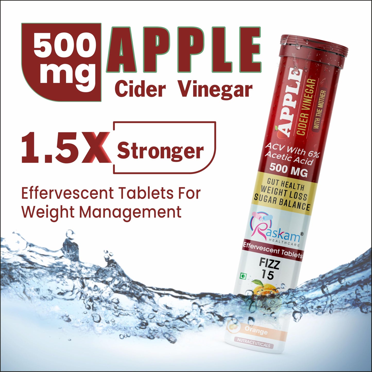 Raskam ACV Apple Cider Vinegar 15 Effervescent Tablets | Helps in Weight Management, Digestion & Sugar Balance Orange Flavour 100% Vegan | 500mg (Pack of 2)