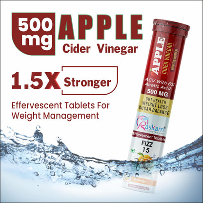Raskam ACV Apple Cider Vinegar 15 Effervescent Tablets | Helps in Weight Management, Digestion & Sugar Balance Orange Flavour 100% Vegan | 500mg (Pack of 2)