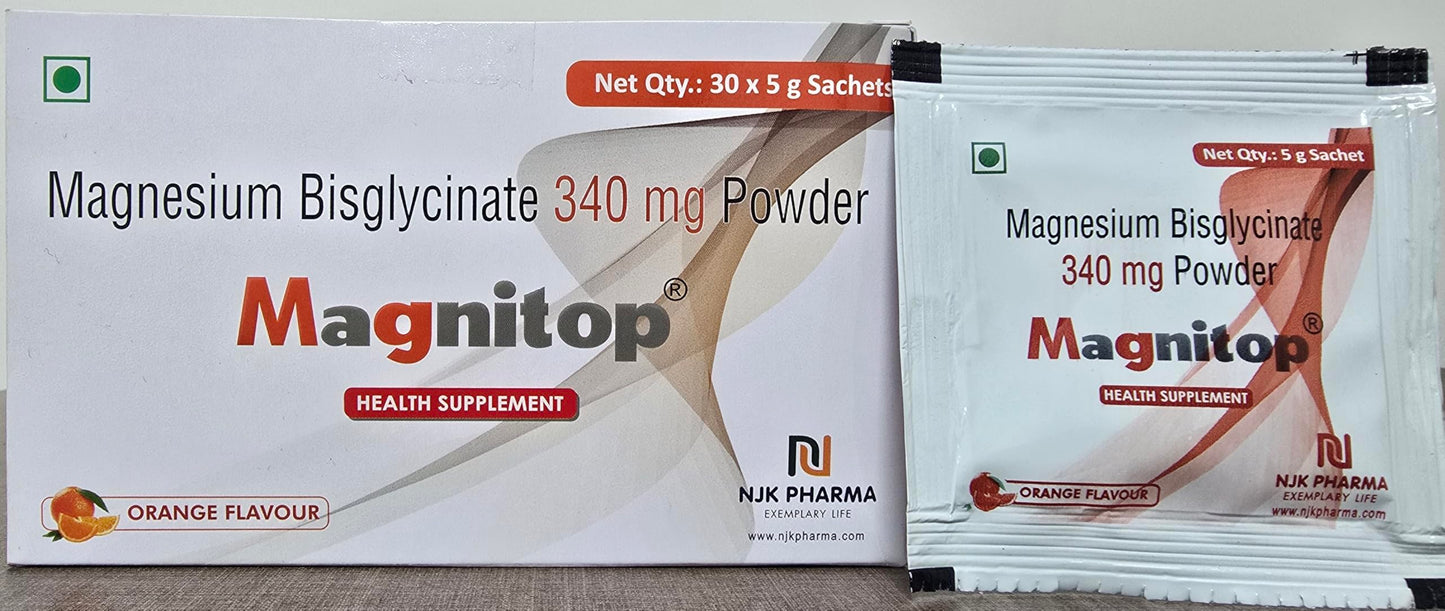 Magnitop Magnesium Health Supplement Bis-glycinate 340 mg Powder Pack of 30 Sachets Orange Flavour