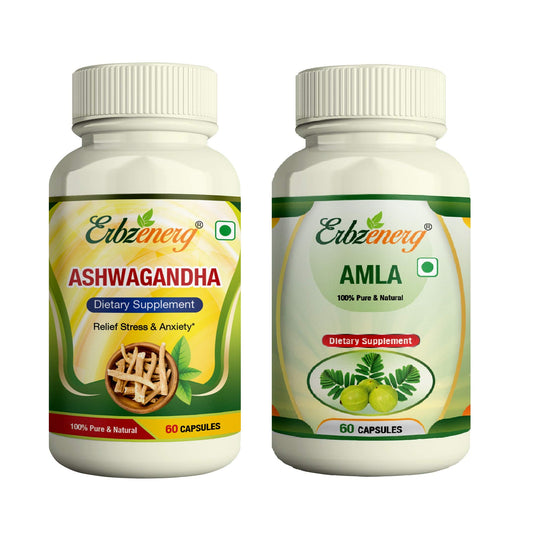 ERBZENERG Organic Ashwagandha (Withania somnifera) and Amla (Phyllanthus emblica) Amalaki/amalaka 60 Capsules(Pack of 1)