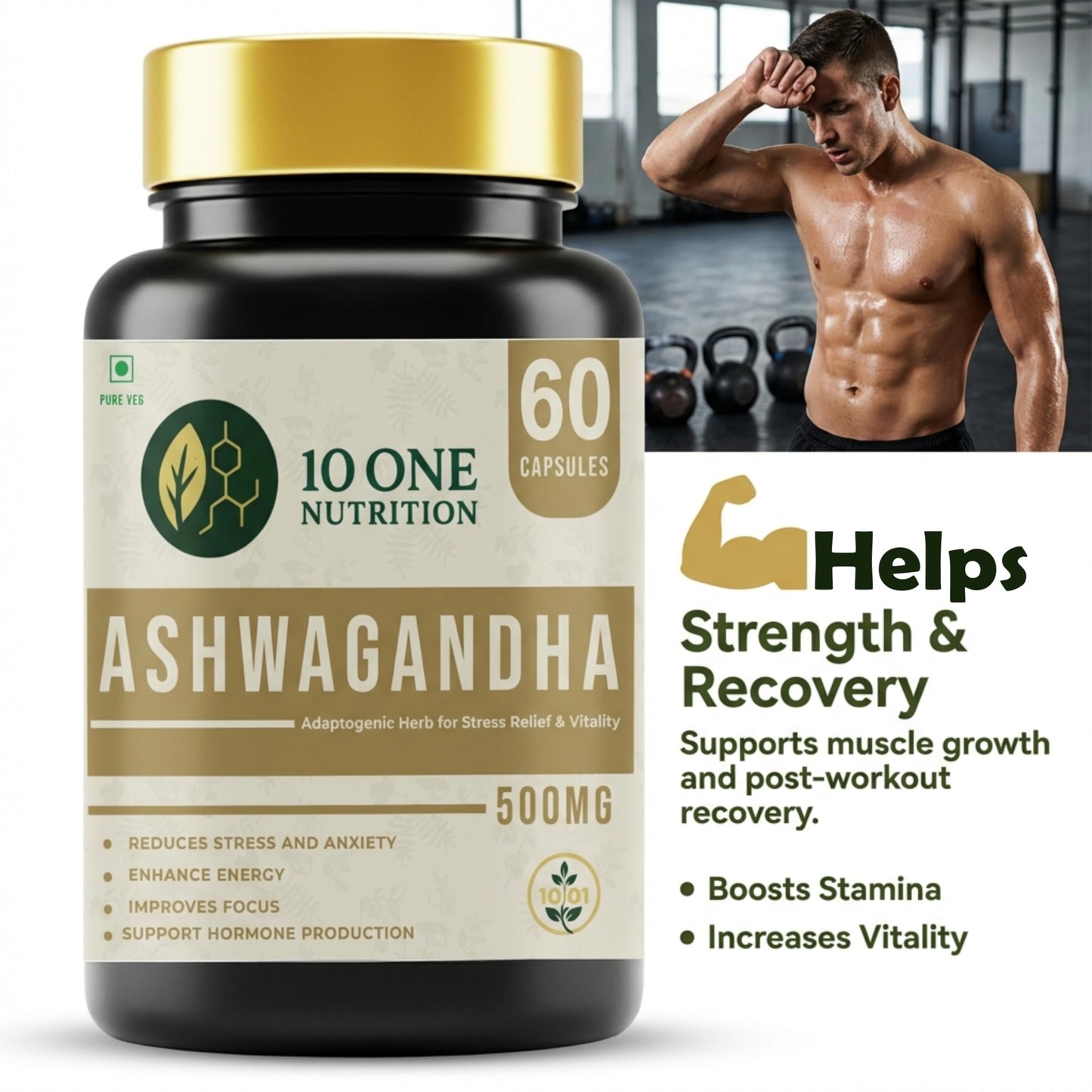 10 One Nutrition Ashwagandha Gold 500mg – (60 Capsule) | Natural Stress Relief, Improves Strength & Energy | Supports Muscle Mass, Boost Immunity & General Wellness | Ayush Approved | For Men & Women