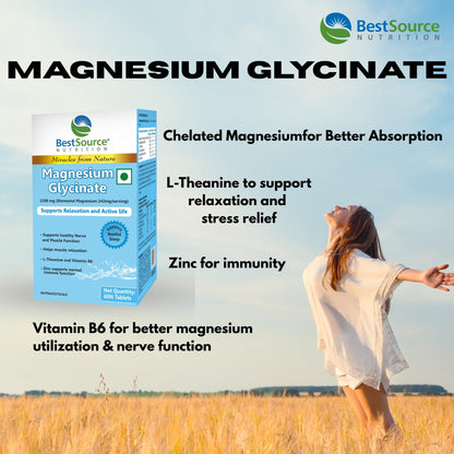 BestSource Nutrition's Magnesium Glycinate with L-Theanine, Zinc & Vitamin B6 | High Absorption Magnesium for Muscle Relaxation, Cramps, Sleep, & Nerves Support | Vegetarian Supplement|60 tablets