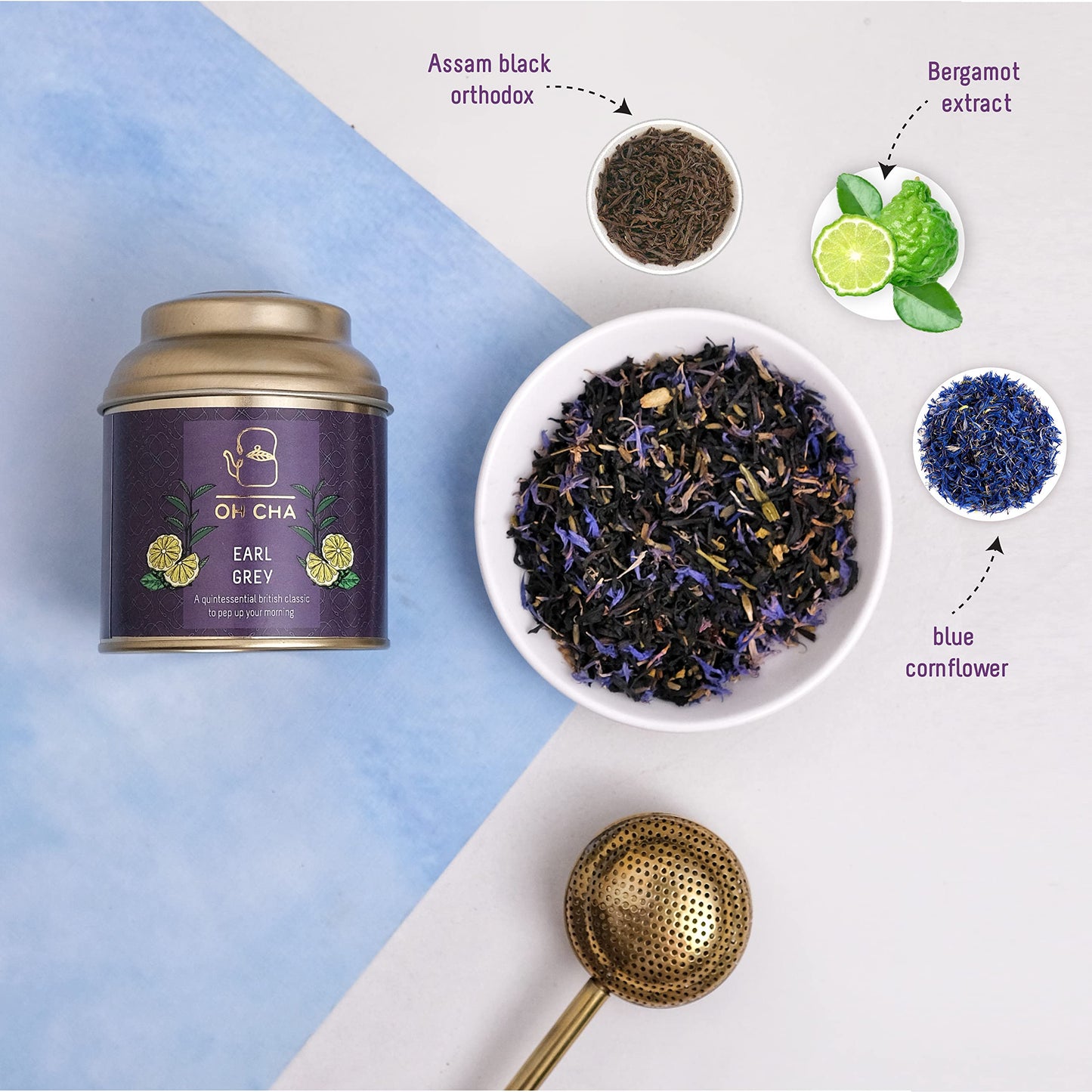 OH CHA - Earl Grey Tea | 35gms, Assam Tea Orthodox blended with 100% Natural Bergamot Extract & Blue Cornflower | Rich in Antioxidants, Supports Heart Health | Malty Black Tea, Fruity Muscatel Aroma