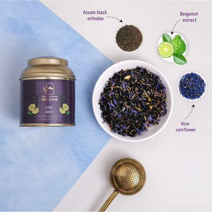 OH CHA - Earl Grey Tea | 35gms, Assam Tea Orthodox blended with 100% Natural Bergamot Extract & Blue Cornflower | Rich in Antioxidants, Supports Heart Health | Malty Black Tea, Fruity Muscatel Aroma