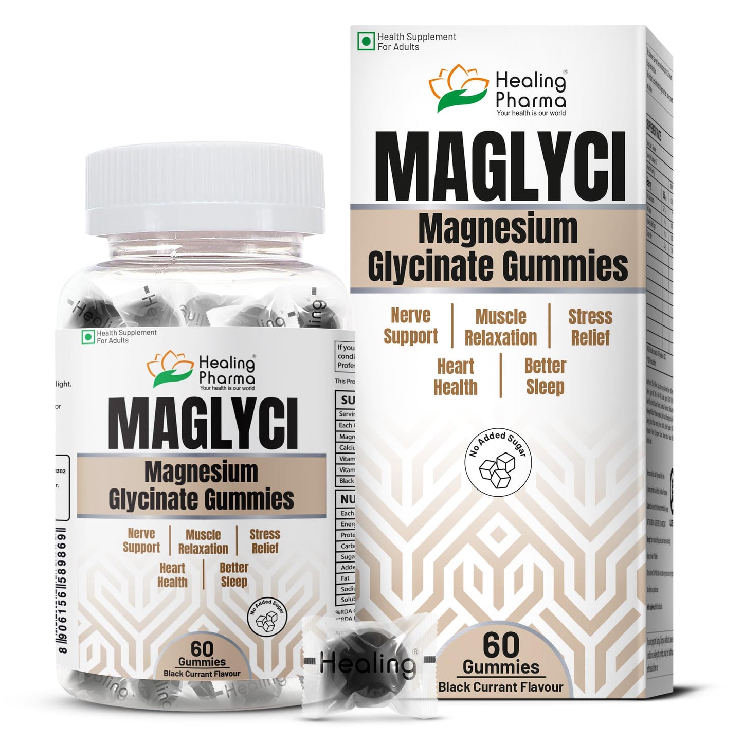 Healing Pharma - Maglyci Magnesium Glycinate Gummies for Better Sleep, Stress Relief and Muscle Relaxation | With Vitamin D3 & B6 | Zero Added Sugar | Magnesium Glycinate Supplement For Men & Women- 60 Gummies Black Currant Flavour