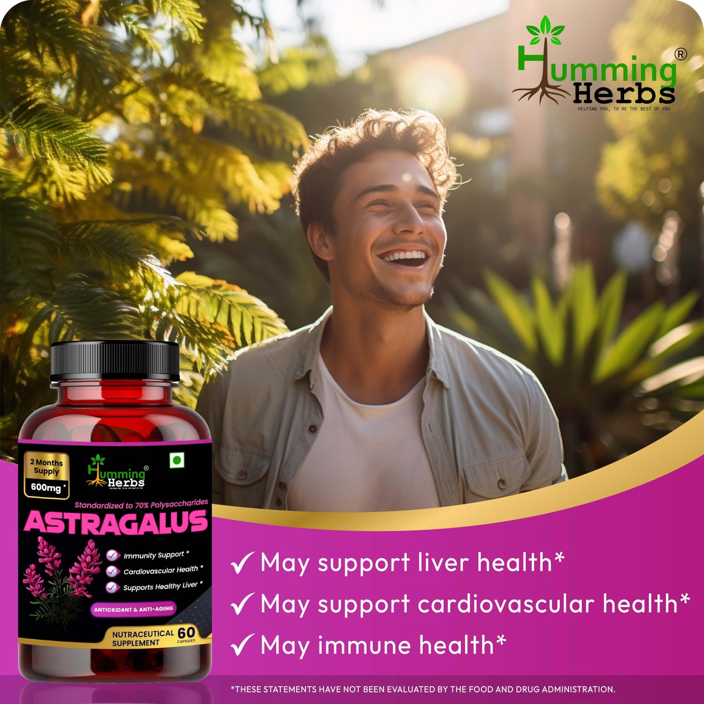 Humming Herbs Astragalus Root Extract Capsules - Supports Immune System, Cardiovascular & Liver Health - Natural Antioxidant & Anti-Aging Supplement