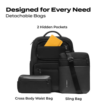 ONNIRICO 21.6L 3-in-1 Expandable Laptop Backpack, TSA Friendly Water Resistant Travel Rucksack with 2 Detachable Pouches, 180° Opening Professional Business Bag for Men & Women, Infinity Black