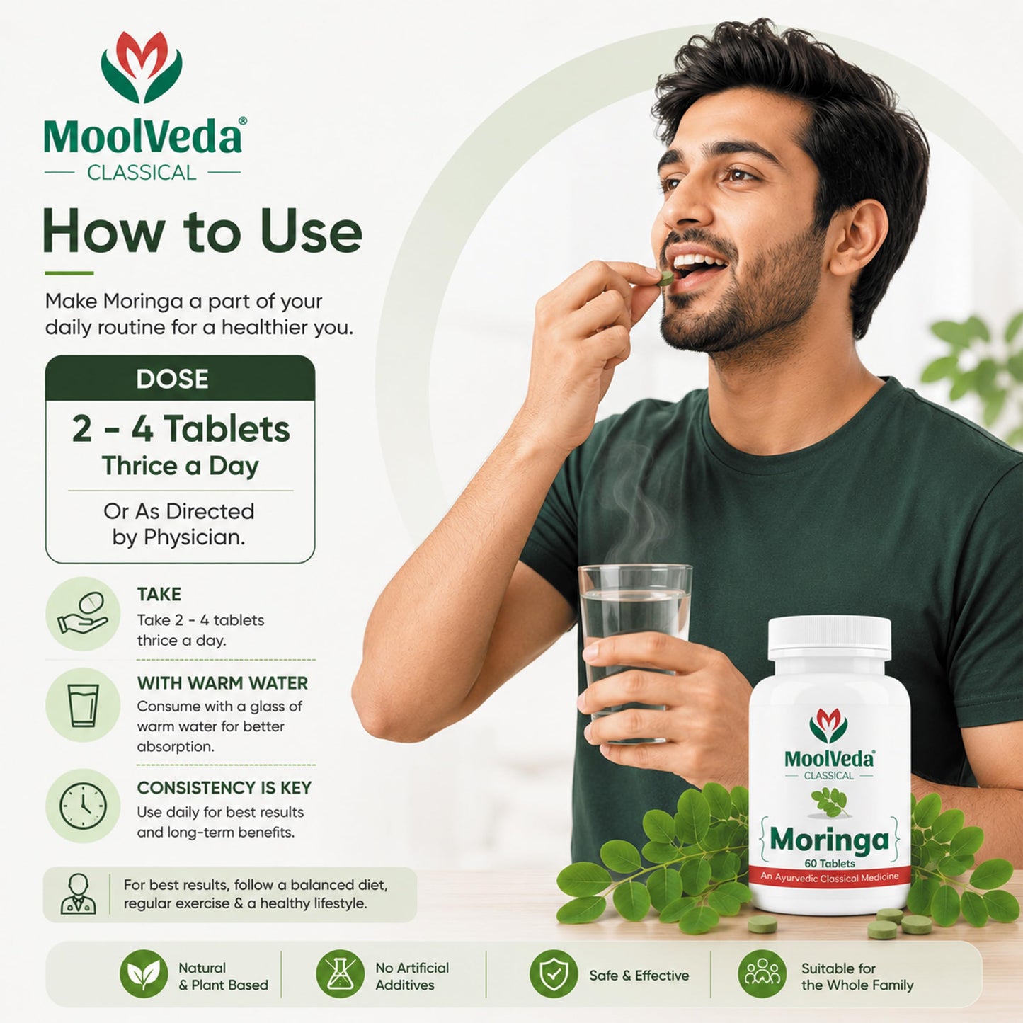 Moolveda Moringa Tablets 60 Veg Tablets | Natural Energy Support | Immune Health Support | Herbal Moringa Supplement for Skin & Hair
