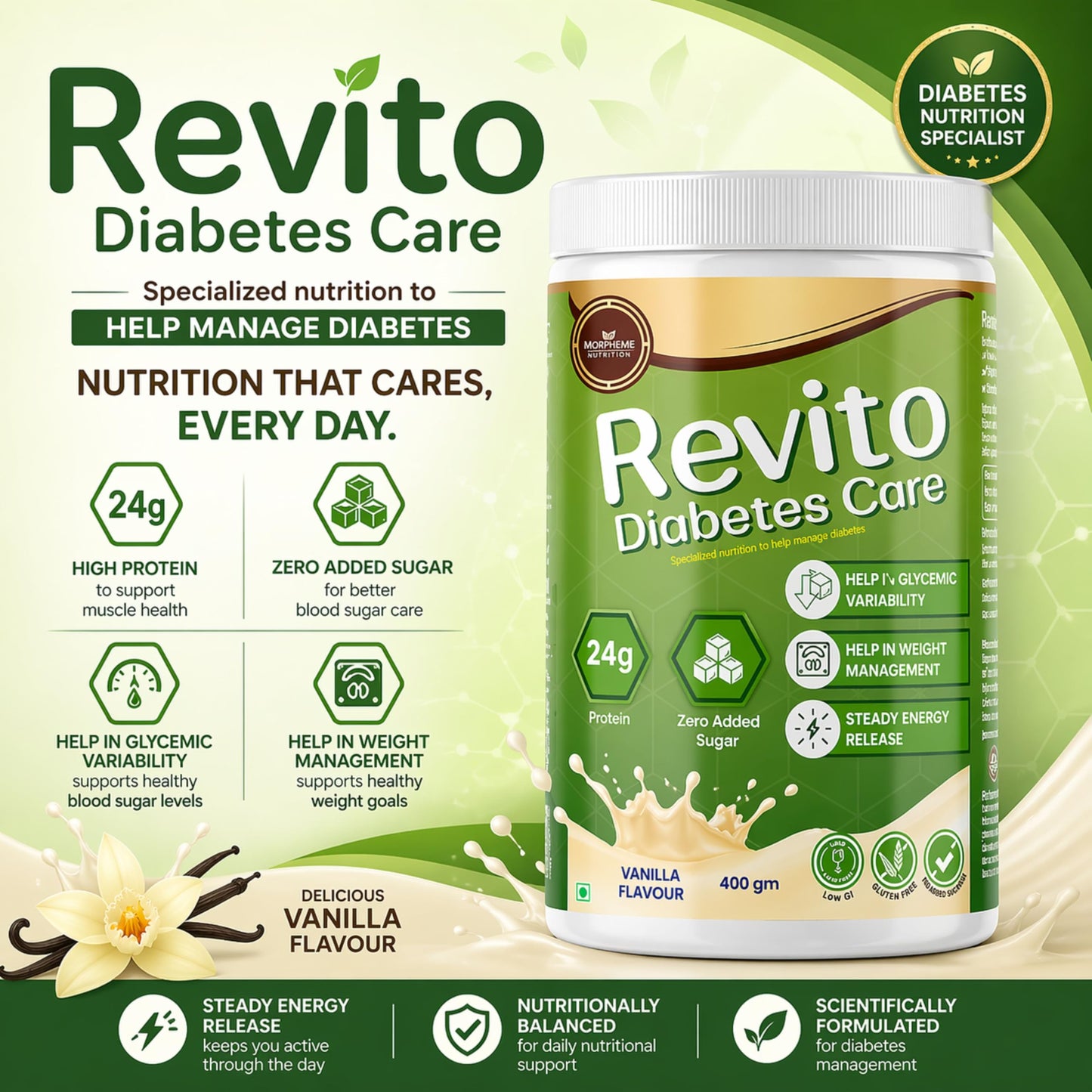 Revito Diabetes Care 400g Vanilla Flavor | Nutritional Supplement for Type 2 Diabetes (Pack of 1)