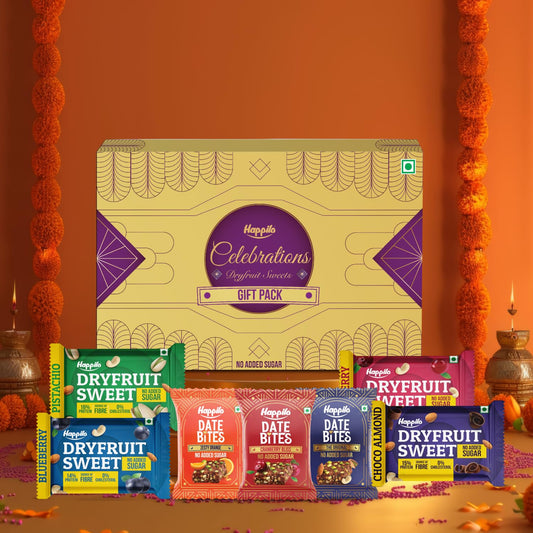 Happilo Premium Celebration Gift Box with 7 Inclusions | Dryfruit Sweets (Pistachio, Cranberry, Blueberry and Choco Almond) & Date Delight (Original, Cranberry and Orange) | Gift