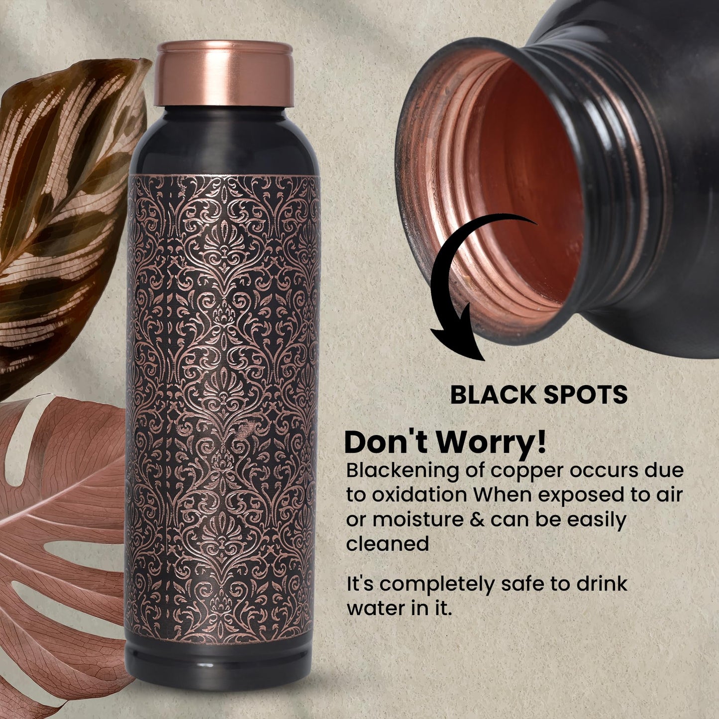 Di: Decorative India Premium Copper Carving Water Bottle With Black Antique Design Glossy Finish 1000Ml Joint Free And Leak Proof Bottle For Ayurvedic Health Benefits Yoga (Copper)