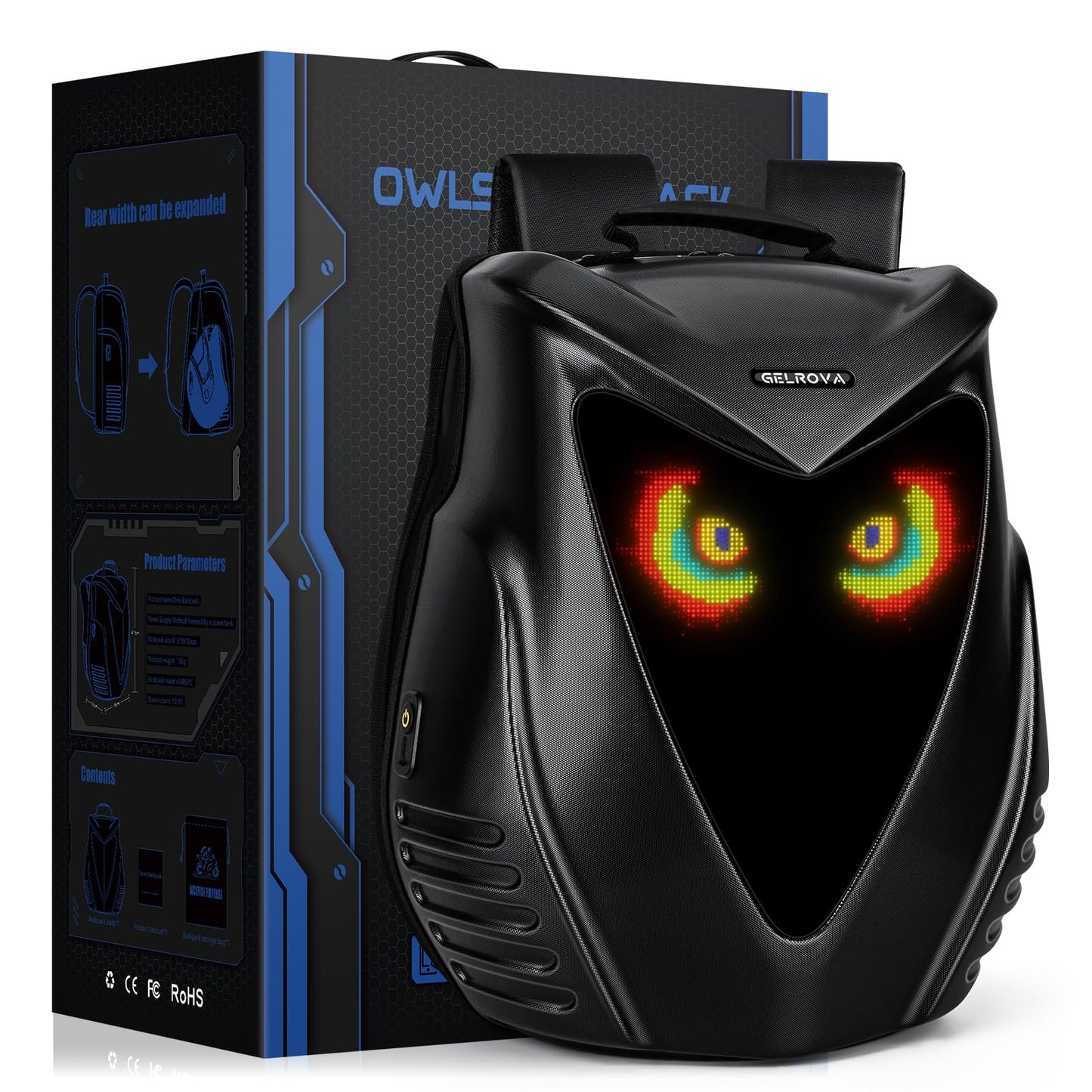Gelrova Owl Eyes Motorcycle LED Backpack - 22L Expandable, Hardshell APP-Controlled LED Display Cyberpack, Fits 15.6" Laptop, Battery not included