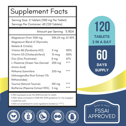 Triple Magnesium Complex Tablets | Glycinate, Malate & Citrate | 296mg Elemental Magnesium | Ashwagandha, L-Theanine, Zinc & D3 | Stress Support, Calm Focus & Muscle Function | 120 Tablets (60 Days)