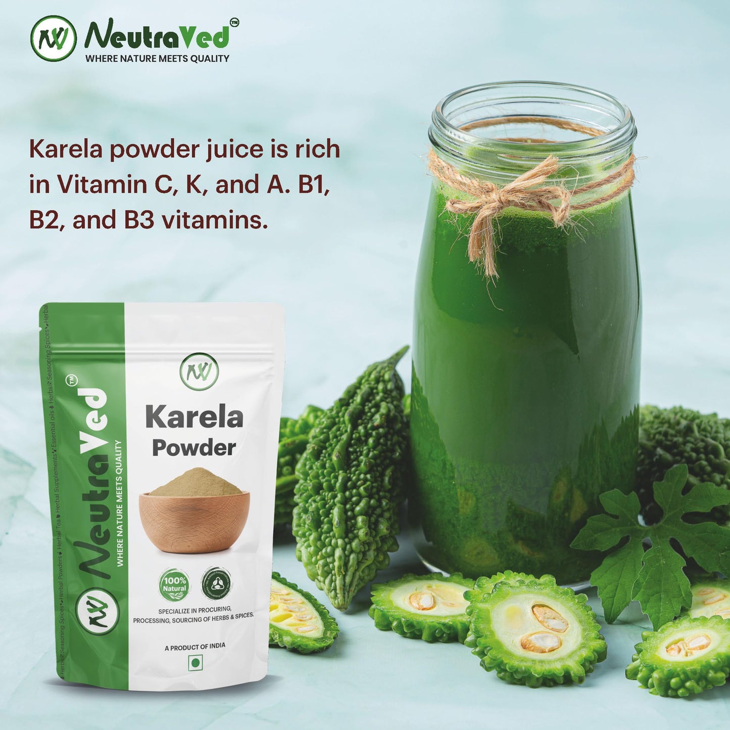 NeutraVed Karela Powder (200g) | Pure Bitter Melon Powder for Healthy Metabolism & Glucose Balance | Sun-Dried Bitter Gourd (Momordica Charantia) for Blood Purification & Liver Detox | Edible Grade Raw Herb