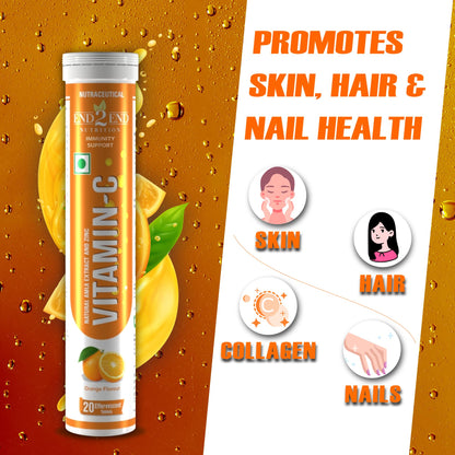 End2End Nutrition Natural Vitamin C - Amla Extract + Zinc for Immunity | Helps to Boost Collagen for Healthy Skin, Hair & Nails | Orange Flavour - (Pack of 3) 60 Effervescent Tablets