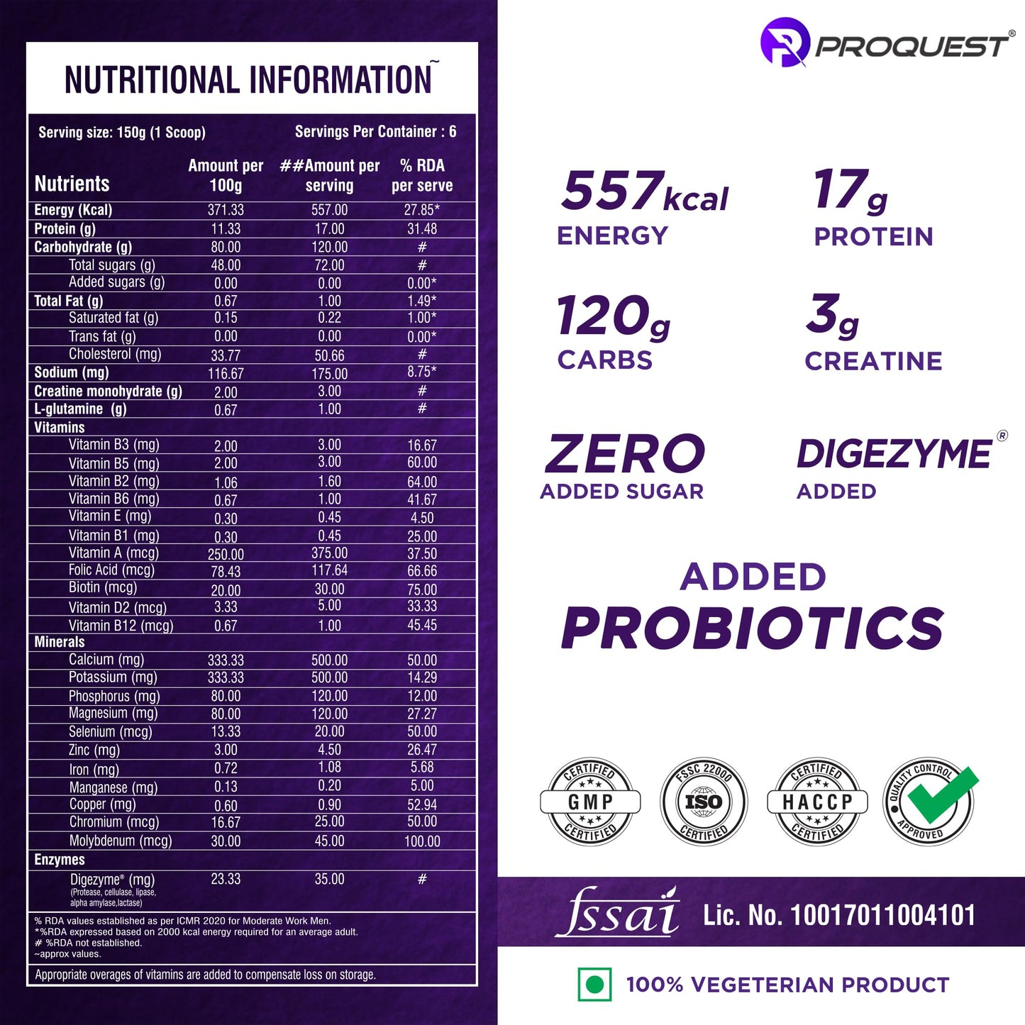 Proquest Power Mass Gainer Mango 907g + Creatine 250g + Free Shaker Combo | 557 kcal, 17g Protein, Digezyme® & Probiotics | Muscle Gain & Recovery Support