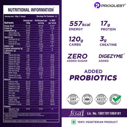Proquest Power Mass Gainer Mango 907g + Creatine 250g + Free Shaker Combo | 557 kcal, 17g Protein, Digezyme® & Probiotics | Muscle Gain & Recovery Support