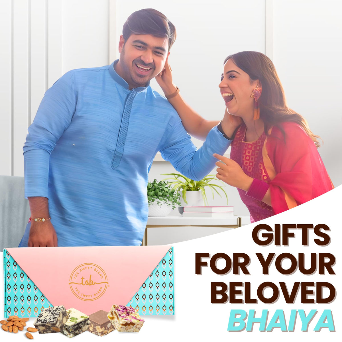 THE SWEET BLEND Raksha Bandhan - Rakhi Gift Hamper Box with Chocolate Sweets, Almonds, Semi-Precious Stone Rakhi & Personalized Card for Brother