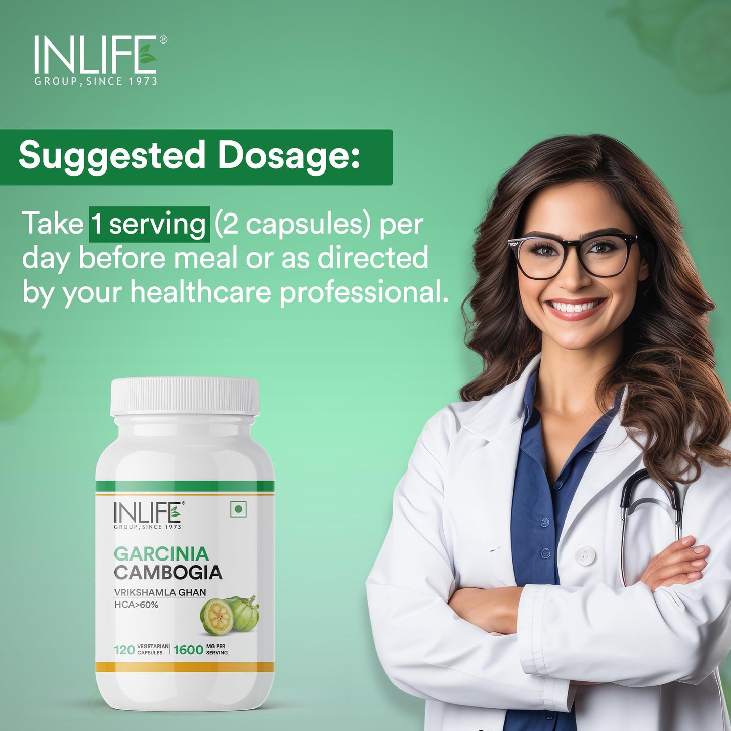 INLIFE Garcinia Cambogia 1600mg, HCA Over 60%, Weight Management, 120 Caps