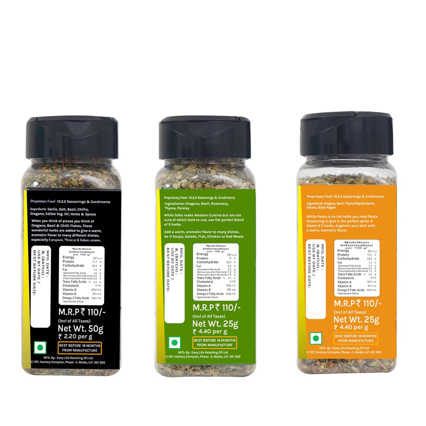 Easy Life Oregano Seasoning 50g, Mixed Herbs 25g with Pasta Seasoning 25g (Combo of 3 Seasonings and Mix herb and Spice)
