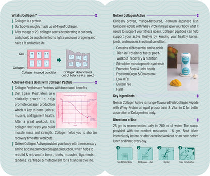 GELIXER Collagen Active (250 gm), Japanese Marine Collagen Peptide with Whey Protein (Mango Flavored) Rich In Protein for Active Lifestyle, Fitness & Glow