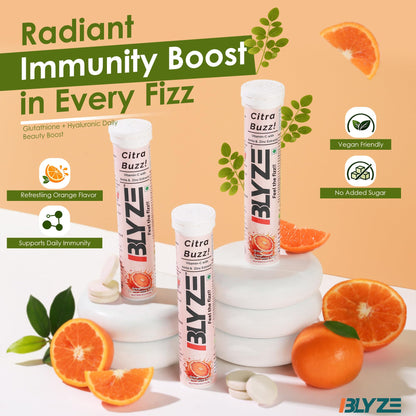 BLYZE Citra Fizz Vitamin C Effervescent Tablets with Natural Amla Extract and Zinc for Daily Immunity, Helps Boost and Strengthen Collagen for Healthy Skin, Hair and Nails – Orange Flavour, 20 Tablets
