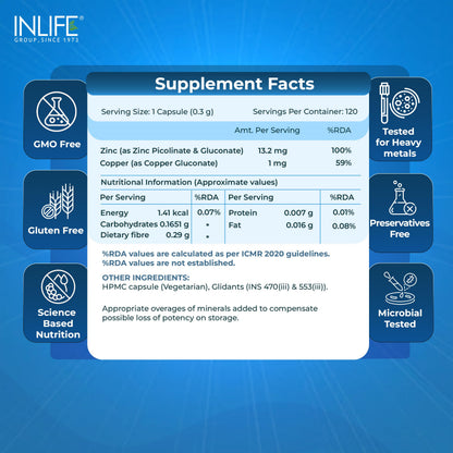 INLIFE Zinc Picolinate with Copper Gluconate Complex, Immunity Skin & Digestion Support Supplement, Overall Wellness, Men Women, 120 Veg Capsules (Pack of 1)