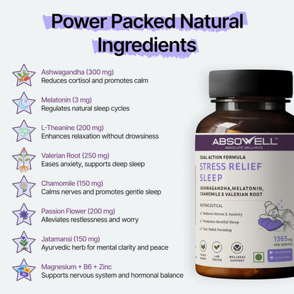 Absowell Stress & Sleep Relief | 60 Veg Capsules | Ashwagandha 300mg, L-Theanine 200mg, Valerian, Chamomile & Melatonin 3mg | Natural Non-Habit Forming Sleep Aid & Stress Relief Supplement