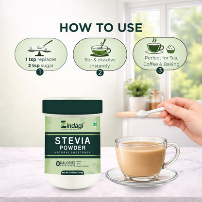 Zindagi Stevia Powder Sugar | Natural Sweetener | Zero Calorie Sugar Substitute | Keto & Veg Sugar | 200gm