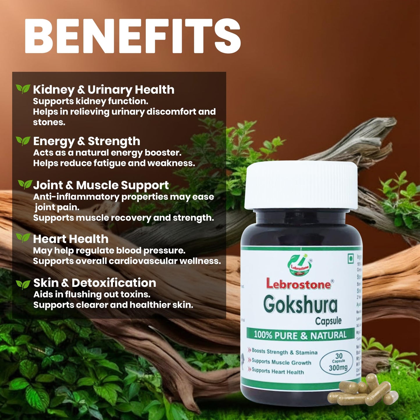 Lebrostone Gokshura Capsules-30| Strength, Vitality & Stamina Support | Pure Ayurvedic Tribulus Supplement – Capsules